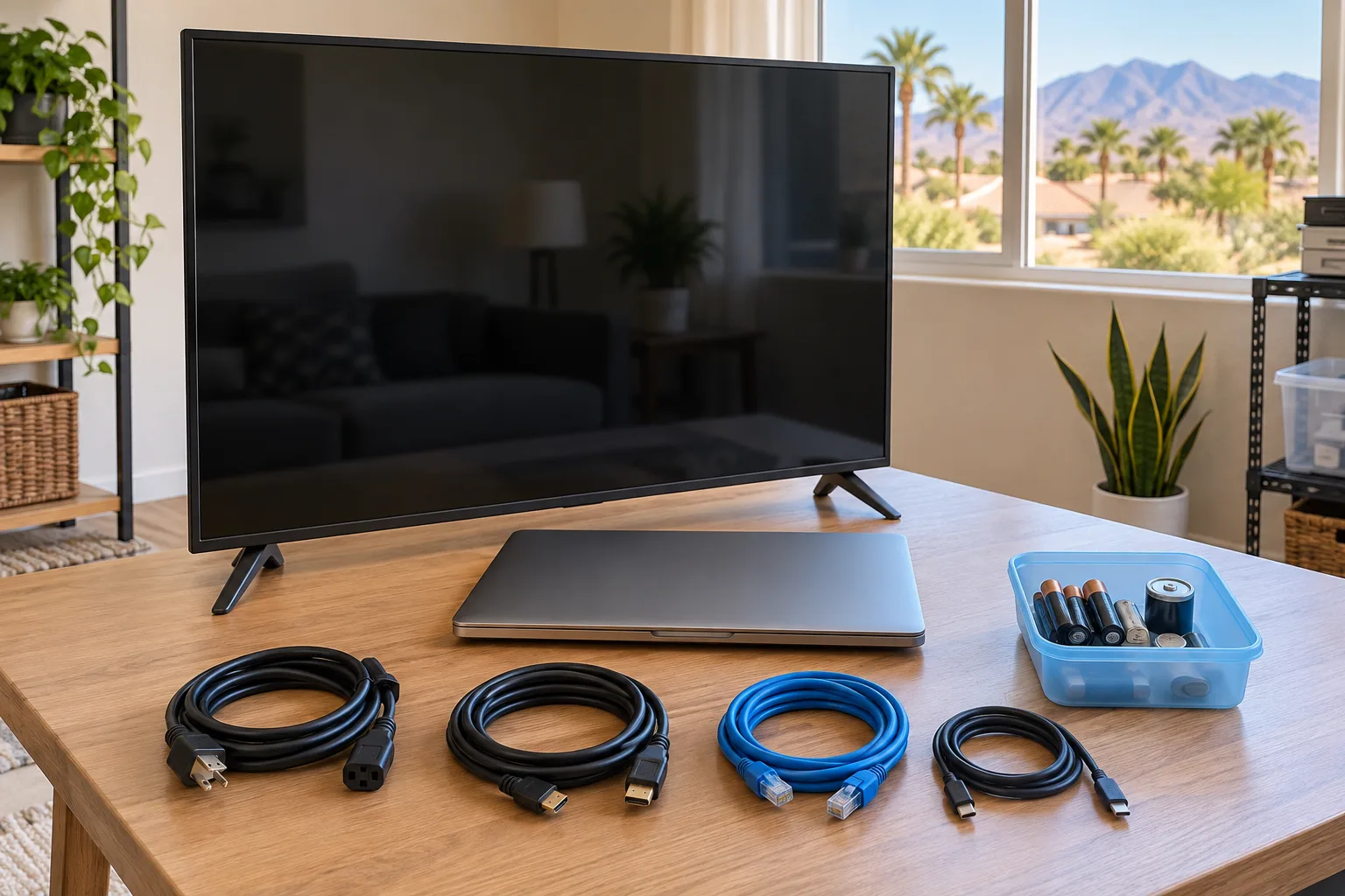 Television, laptop, cables, and batteries separated for safe sorting
