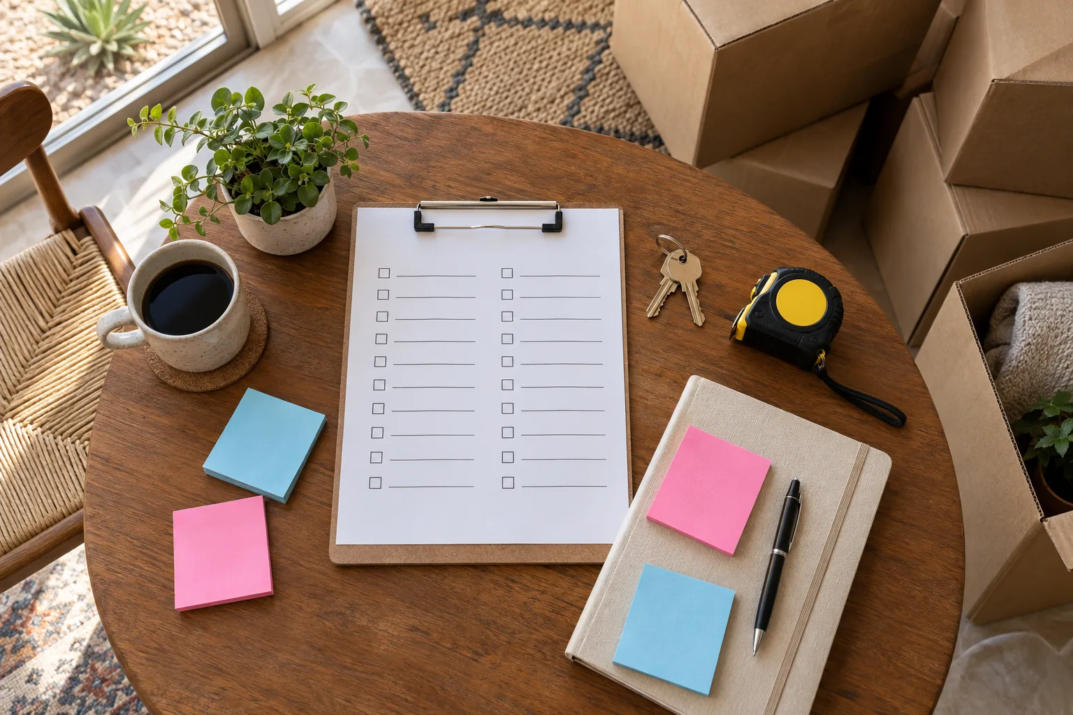 Estate cleanout planning materials arranged on a table