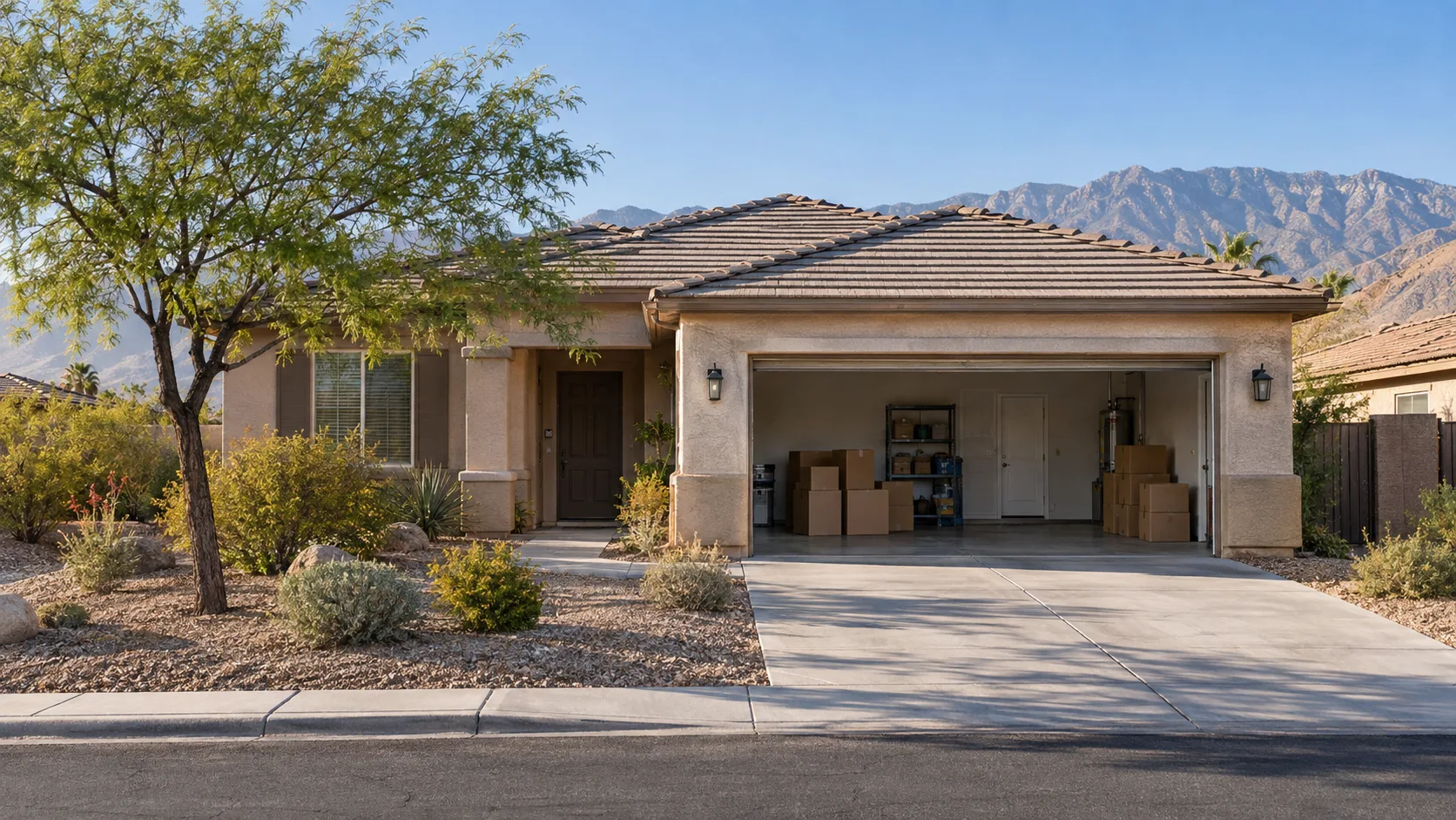 Paradise home with boxes staged safely inside an open garage